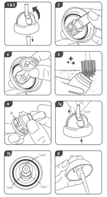 Diagram showing how to dissemble weighted straw cup steps 1 through to 8 which are listed above