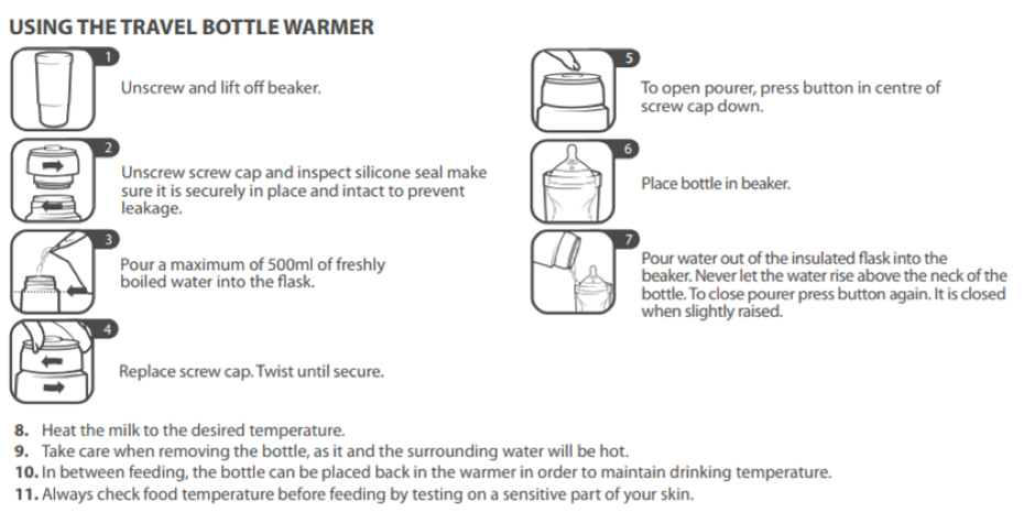 Diagram of how to use the travel bottle and food warmer steps 1 through to 11