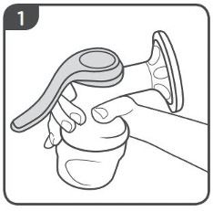 steps 1 and 2 showing breast pump held up right and placed on breast