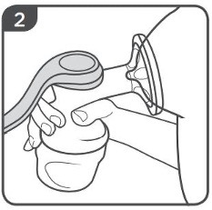 steps 1 and 2 showing breast pump held up right and placed on breast